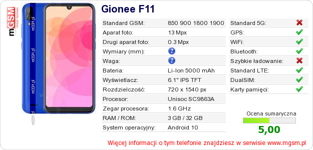 Dane telefonu Gionee F11 Dane telefonu Gionee F11