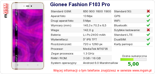 Dane telefonu Gionee Fashion F103 Pro Dane telefonu Gionee Fashion F103 Pro
