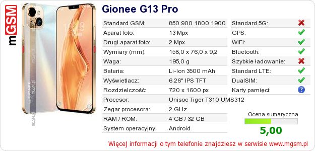 Dane telefonu Gionee G13 Pro