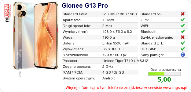 Dane telefonu Gionee G13 Pro