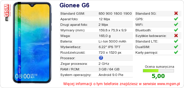 Dane telefonu Gionee G6 Dane telefonu Gionee G6