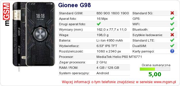 Dane telefonu Gionee G98