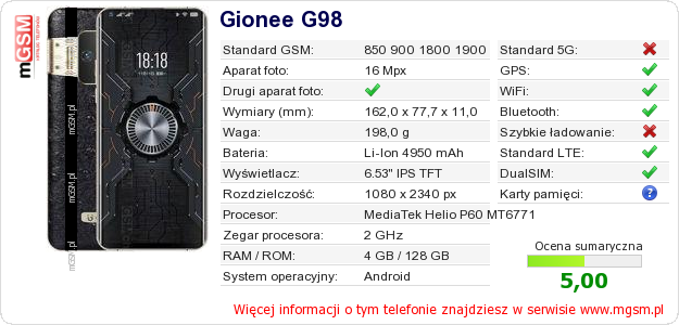 Dane telefonu Gionee G98