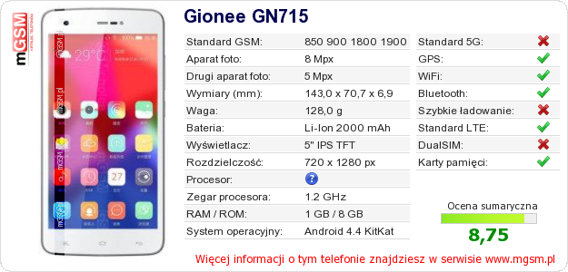 Dane telefonu Gionee GN715 Dane telefonu Gionee GN715