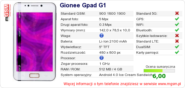Dane telefonu Gionee Gpad G1 Dane telefonu Gionee Gpad G1
