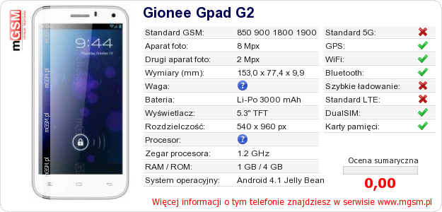 Dane telefonu Gionee Gpad G2 Dane telefonu Gionee Gpad G2