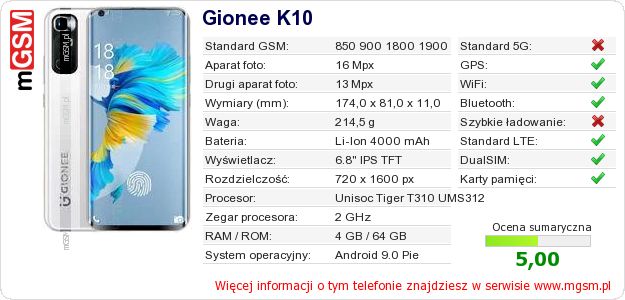 Dane telefonu Gionee K10 Dane telefonu Gionee K10
