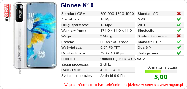 Dane telefonu Gionee K10