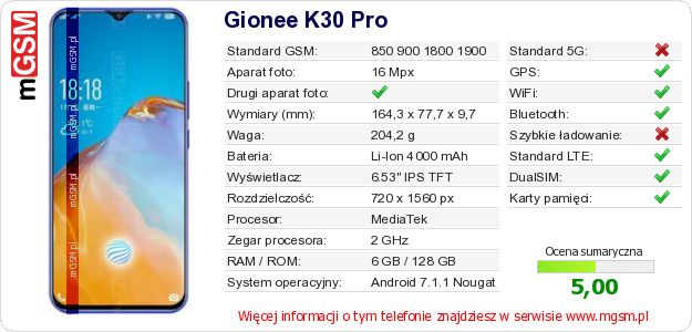 Dane telefonu Gionee K30 Pro Dane telefonu Gionee K30 Pro