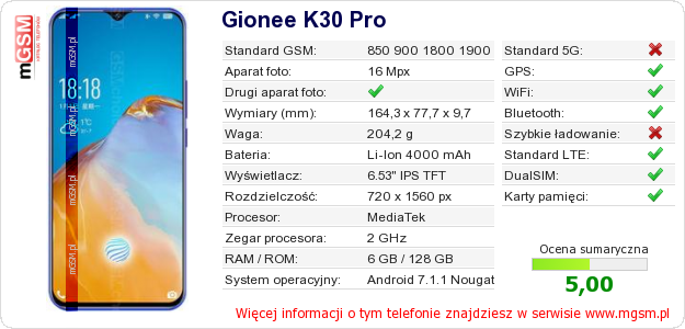 Dane telefonu Gionee K30 Pro Dane telefonu Gionee K30 Pro