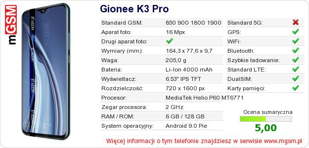 Dane telefonu Gionee K3 Pro