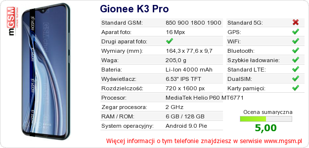 Dane telefonu Gionee K3 Pro