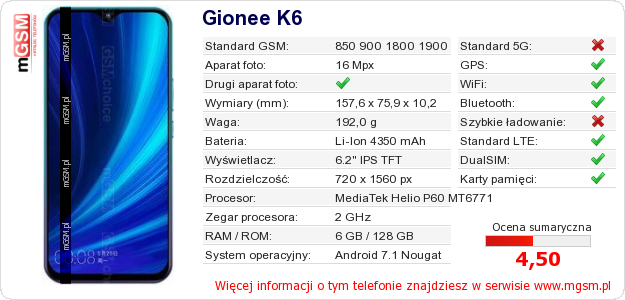 Dane telefonu Gionee K6
