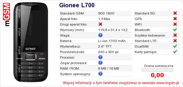 Dane telefonu Gionee L700 Dane telefonu Gionee L700