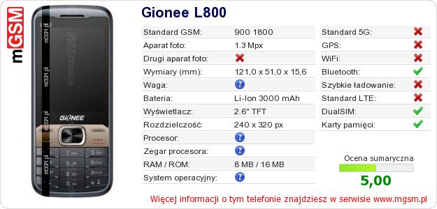 Dane telefonu Gionee L800 Dane telefonu Gionee L800