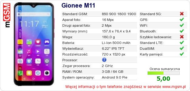 Dane telefonu Gionee M11 Dane telefonu Gionee M11