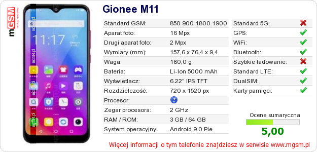 Dane telefonu Gionee M11