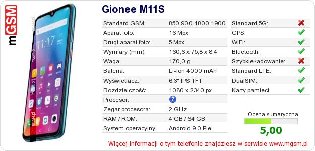 Dane telefonu Gionee M11S Dane telefonu Gionee M11S