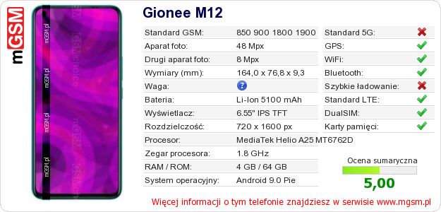 Dane telefonu Gionee M12 Dane telefonu Gionee M12