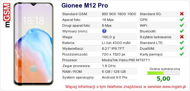 Dane telefonu Gionee M12 Pro