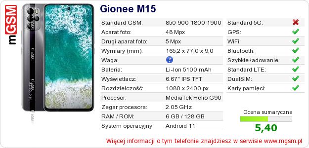 Dane telefonu Gionee M15
