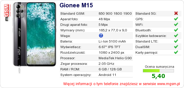 Dane telefonu Gionee M15