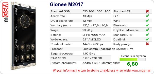 Dane telefonu Gionee M2017 Dane telefonu Gionee M2017