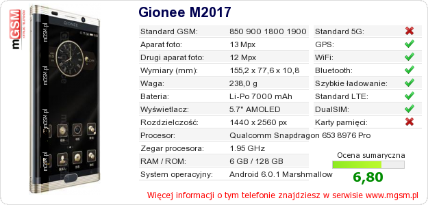 Dane telefonu Gionee M2017 Dane telefonu Gionee M2017