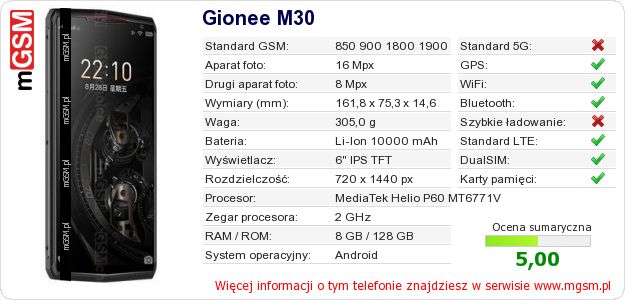Dane telefonu Gionee M30