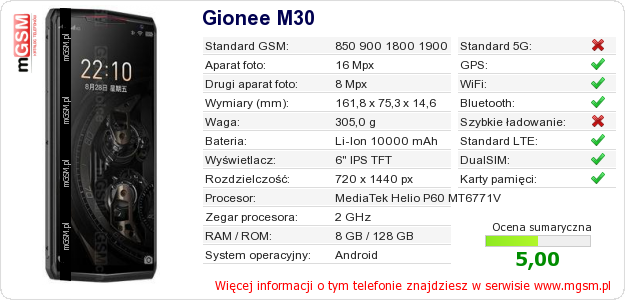 Dane telefonu Gionee M30