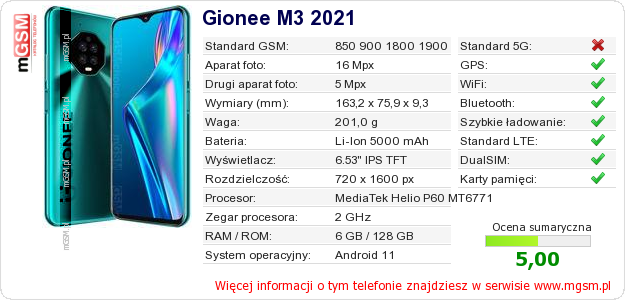 Dane telefonu Gionee M3 2021 Dane telefonu Gionee M3 2021