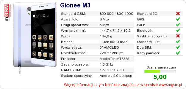 Dane telefonu Gionee M3