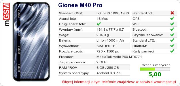 Dane telefonu Gionee M40 Pro
