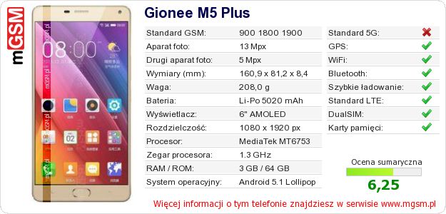 Dane telefonu Gionee M5 Plus
