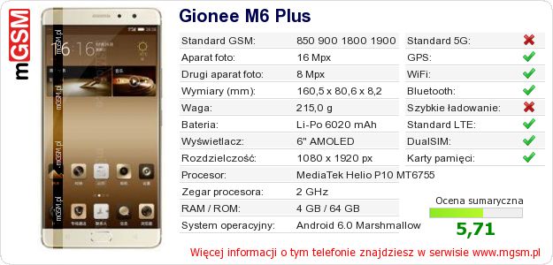 Dane telefonu Gionee M6 Plus Dane telefonu Gionee M6 Plus