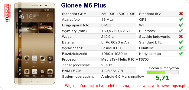 Dane telefonu Gionee M6 Plus