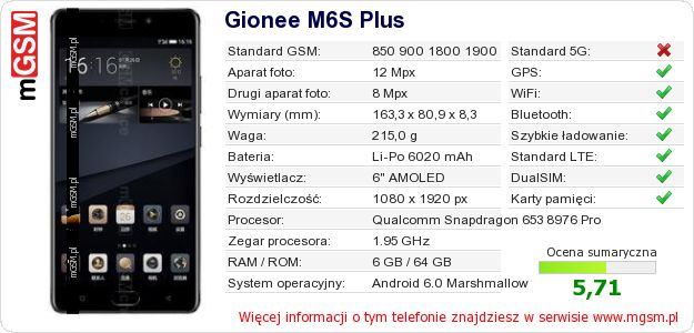 Dane telefonu Gionee M6S Plus