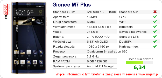 Dane telefonu Gionee M7 Plus Dane telefonu Gionee M7 Plus