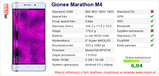 Dane telefonu Gionee Marathon M4 Dane telefonu Gionee Marathon M4