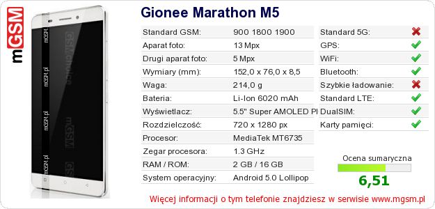 Dane telefonu Gionee Marathon M5 Dane telefonu Gionee Marathon M5