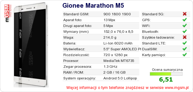 Dane telefonu Gionee Marathon M5 Dane telefonu Gionee Marathon M5