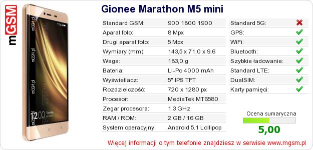 Dane telefonu Gionee Marathon M5 mini Dane telefonu Gionee Marathon M5 mini