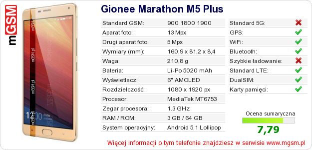Dane telefonu Gionee Marathon M5 Plus Dane telefonu Gionee Marathon M5 Plus