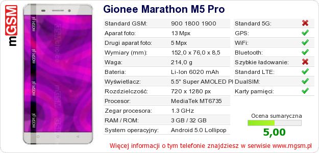 Dane telefonu Gionee Marathon M5 Pro Dane telefonu Gionee Marathon M5 Pro