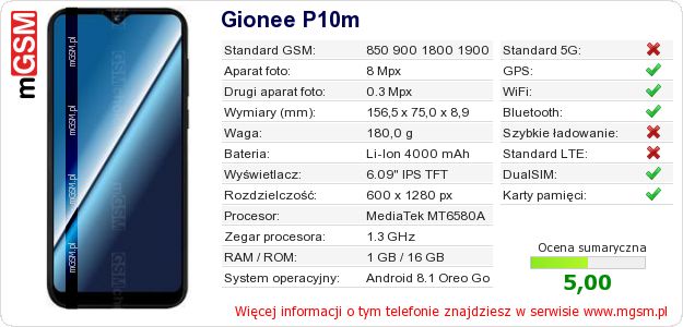 Dane telefonu Gionee P10m Dane telefonu Gionee P10m