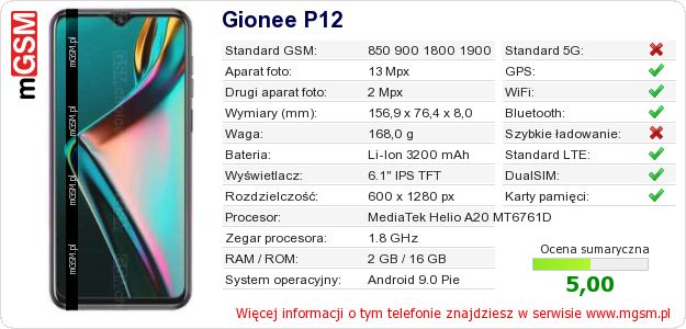 Dane telefonu Gionee P12
