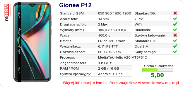Dane telefonu Gionee P12 Dane telefonu Gionee P12