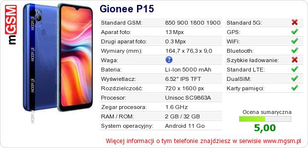 Dane telefonu Gionee P15