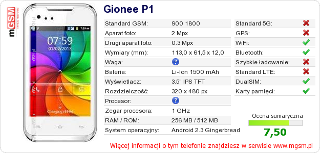 Dane telefonu Gionee P1