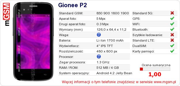 Dane telefonu Gionee P2 Dane telefonu Gionee P2
